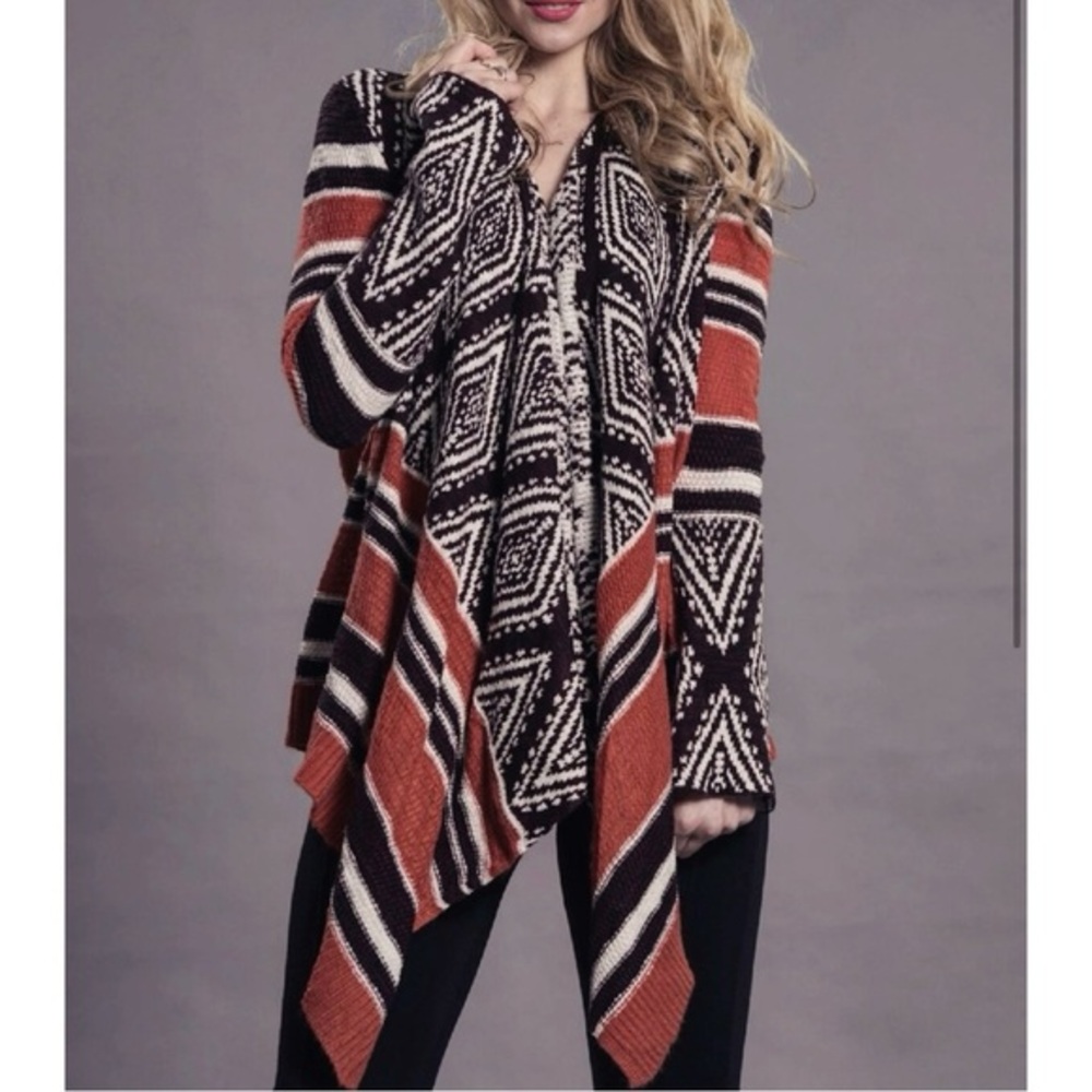 Knox Rose Aztec Tribal Print Open Front Cardigan Brown Orange White Size XXL